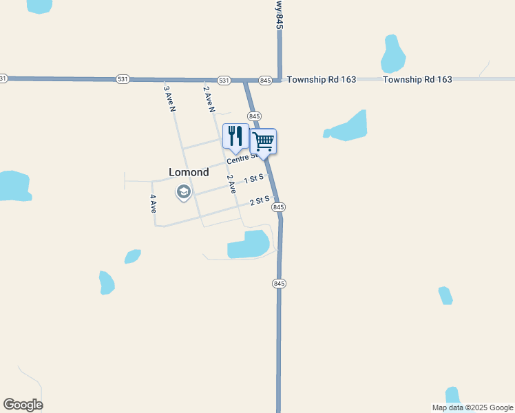 map of restaurants, bars, coffee shops, grocery stores, and more near 122 2 Street South in Lomond