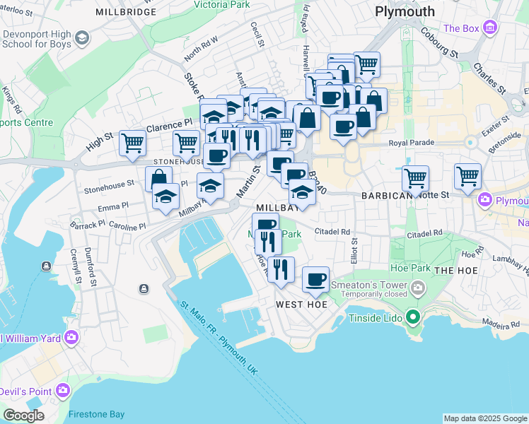 map of restaurants, bars, coffee shops, grocery stores, and more near 18 Miller Court in Plymouth