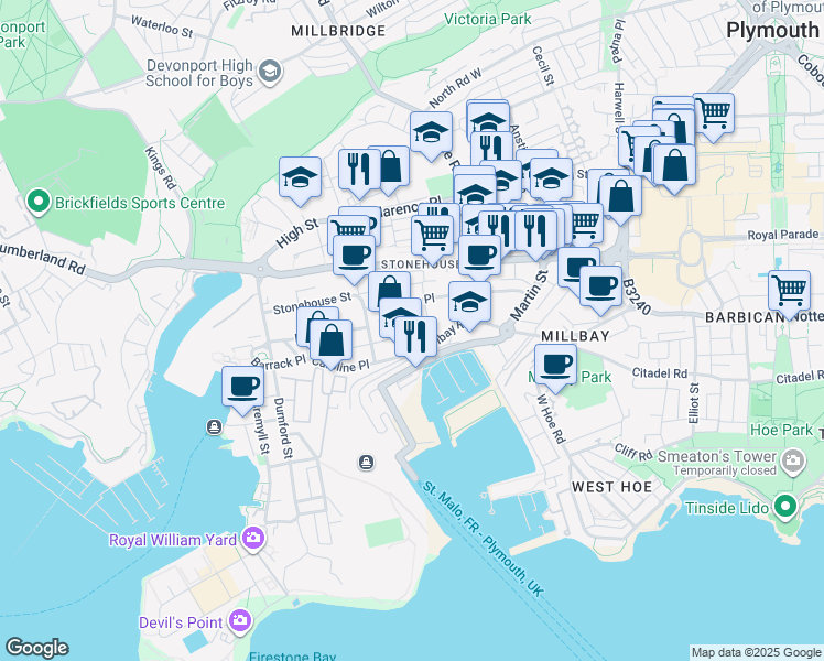 map of restaurants, bars, coffee shops, grocery stores, and more near 18 Miller Court in Plymouth