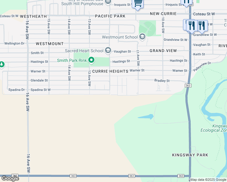 map of restaurants, bars, coffee shops, grocery stores, and more near 1355 12 Avenue Southwest in Moose Jaw