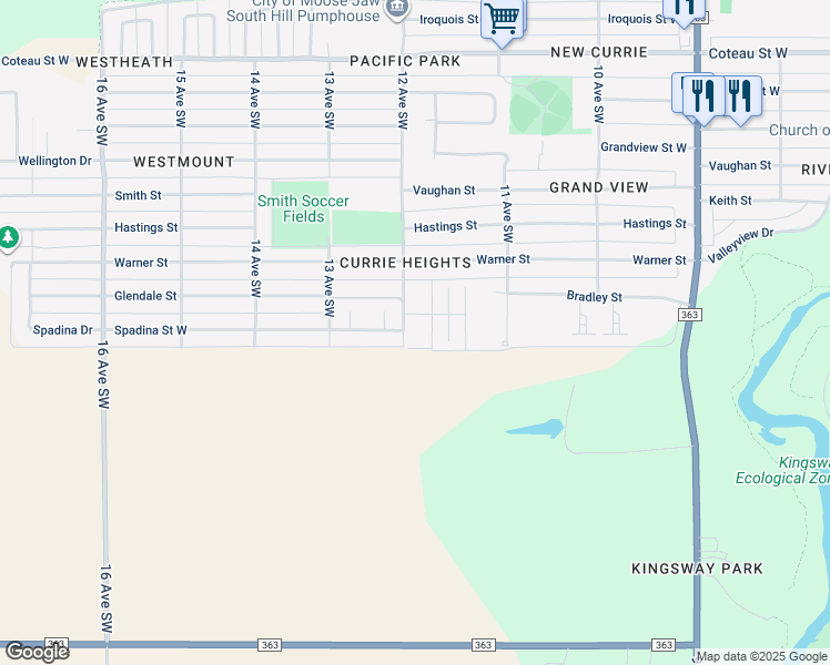 map of restaurants, bars, coffee shops, grocery stores, and more near 1255 12 Avenue Southwest in Moose Jaw