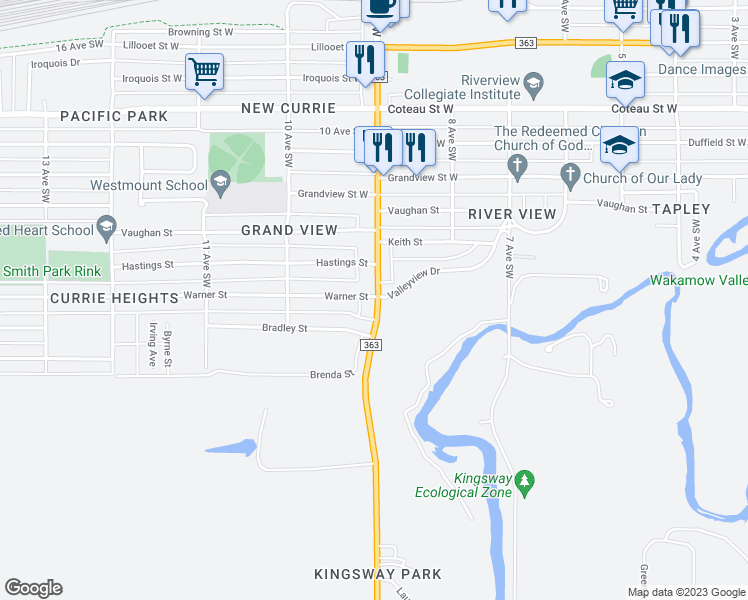 map of restaurants, bars, coffee shops, grocery stores, and more near 901 Warner Street in Moose Jaw