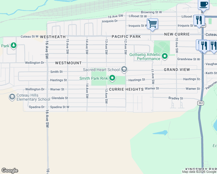 map of restaurants, bars, coffee shops, grocery stores, and more near 1195 13 Avenue Southwest in Moose Jaw