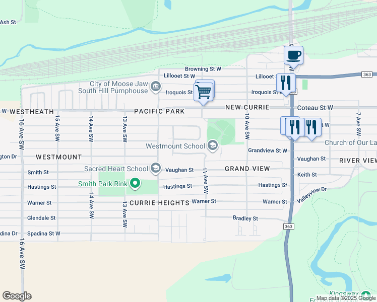 map of restaurants, bars, coffee shops, grocery stores, and more near 1132 Currie Crescent in Moose Jaw