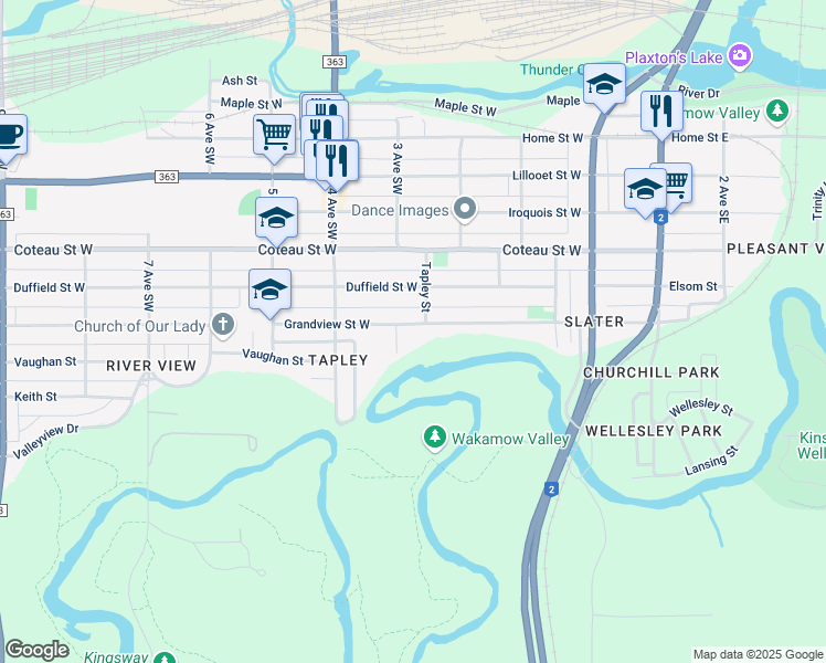 map of restaurants, bars, coffee shops, grocery stores, and more near 307 Grandview Street West in Moose Jaw