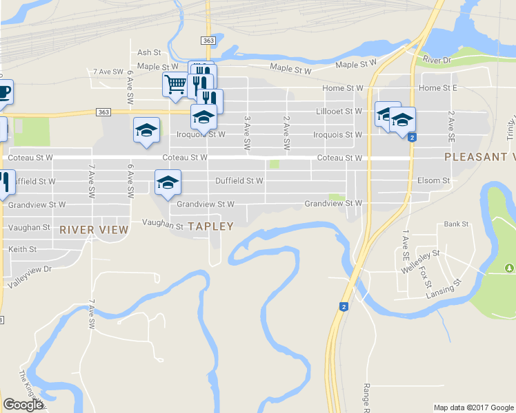 map of restaurants, bars, coffee shops, grocery stores, and more near 307 Grandview Street West in Moose Jaw