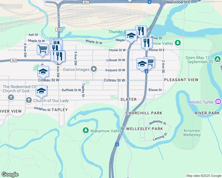 map of restaurants, bars, coffee shops, grocery stores, and more near 136 Duffield Street West in Moose Jaw