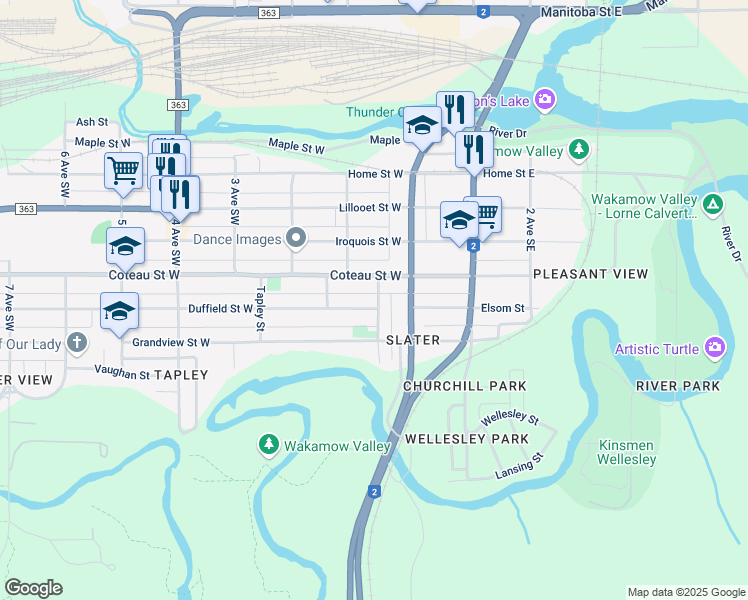map of restaurants, bars, coffee shops, grocery stores, and more near 19 Coteau Street West in Moose Jaw