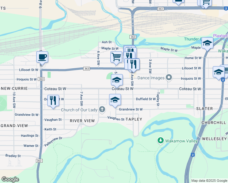 map of restaurants, bars, coffee shops, grocery stores, and more near 505 Coteau Street West in Moose Jaw