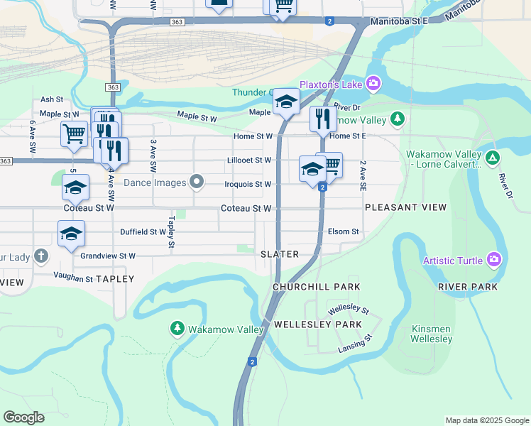 map of restaurants, bars, coffee shops, grocery stores, and more near 19 Coteau Street West in Moose Jaw