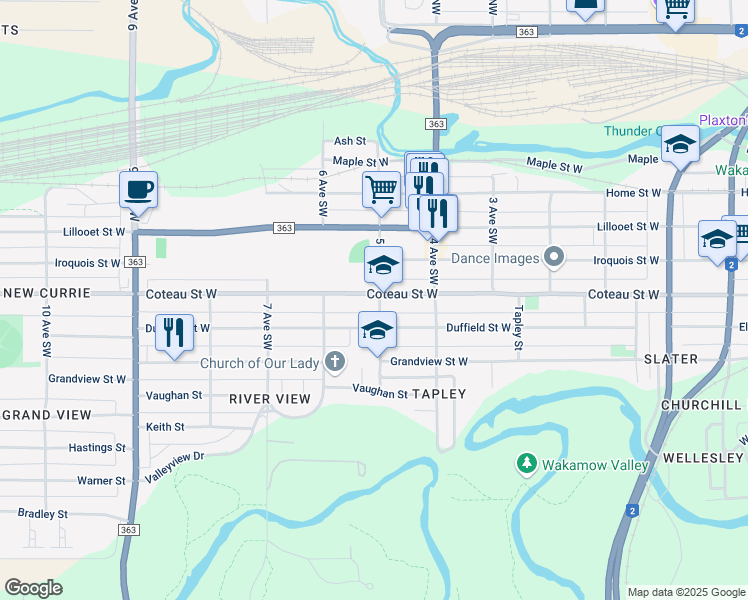 map of restaurants, bars, coffee shops, grocery stores, and more near 505 Coteau Street West in Moose Jaw