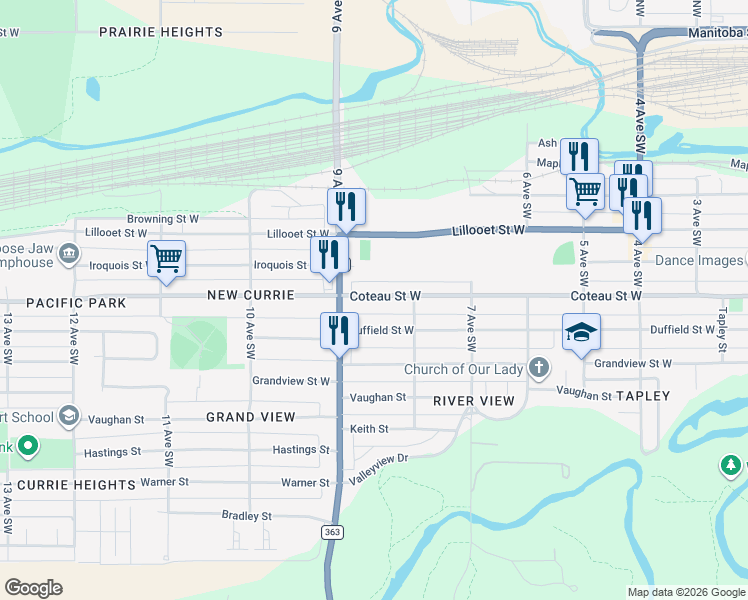 map of restaurants, bars, coffee shops, grocery stores, and more near 839 Coteau Street West in Moose Jaw