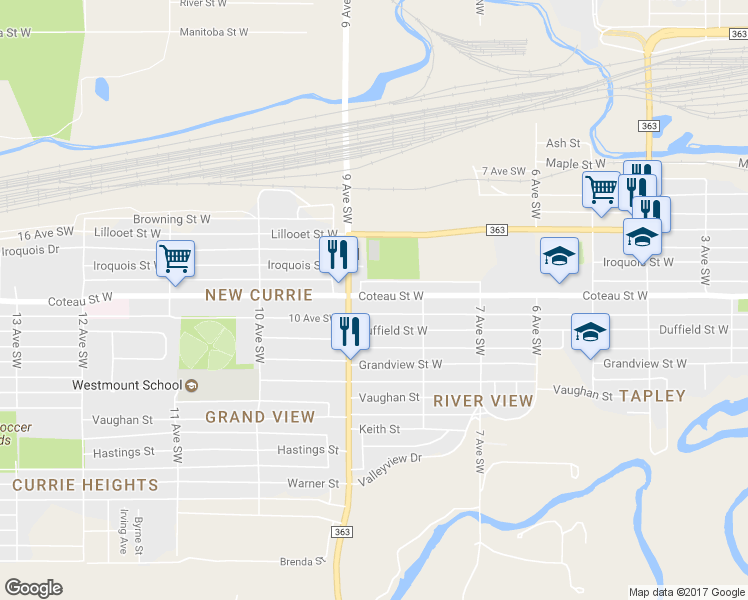 map of restaurants, bars, coffee shops, grocery stores, and more near 839 Coteau Street West in Moose Jaw
