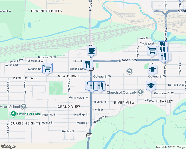 map of restaurants, bars, coffee shops, grocery stores, and more near 839 Coteau Street West in Moose Jaw