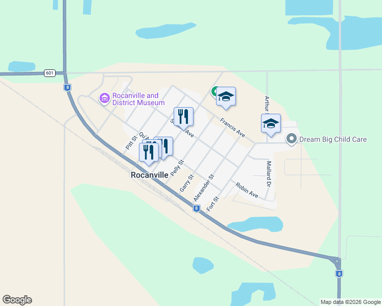 map of restaurants, bars, coffee shops, grocery stores, and more near 216 Pelly Street in Rocanville