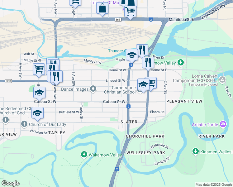 map of restaurants, bars, coffee shops, grocery stores, and more near 49 Iroquois Street West in Moose Jaw