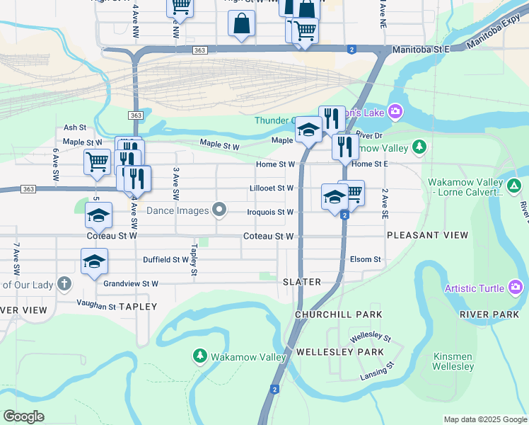 map of restaurants, bars, coffee shops, grocery stores, and more near 72 Iroquois Street West in Moose Jaw