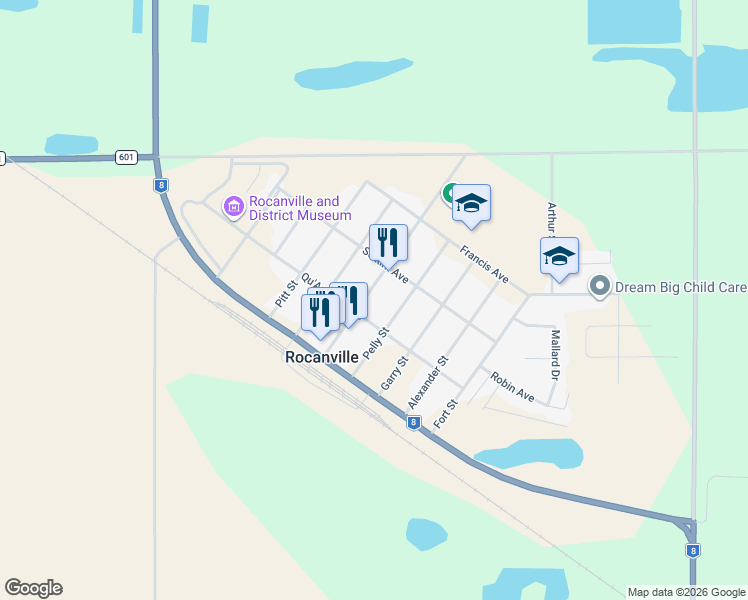 map of restaurants, bars, coffee shops, grocery stores, and more near 207 Ellice Street in Rocanville