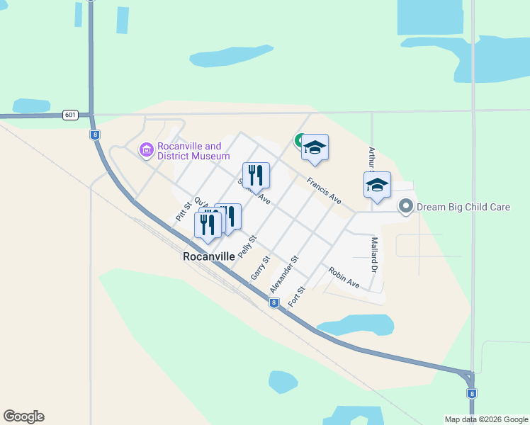 map of restaurants, bars, coffee shops, grocery stores, and more near 216 Pelly Street in Rocanville