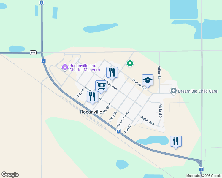 map of restaurants, bars, coffee shops, grocery stores, and more near 207 Ellice Street in Rocanville