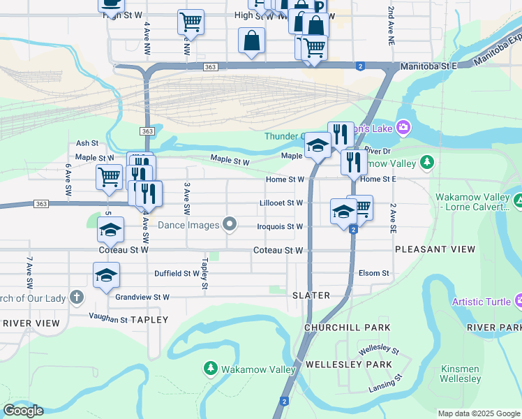 map of restaurants, bars, coffee shops, grocery stores, and more near 105 Lillooet Street West in Moose Jaw