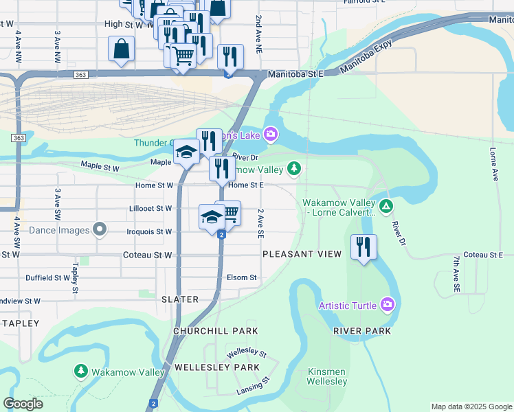 map of restaurants, bars, coffee shops, grocery stores, and more near 175 Home Street East in Moose Jaw