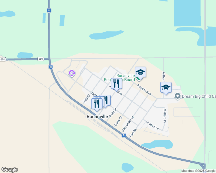 map of restaurants, bars, coffee shops, grocery stores, and more near 303 Carlton Street in Rocanville