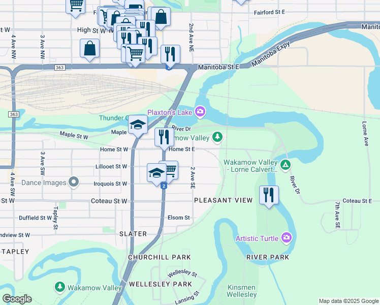 map of restaurants, bars, coffee shops, grocery stores, and more near 175 Home Street East in Moose Jaw