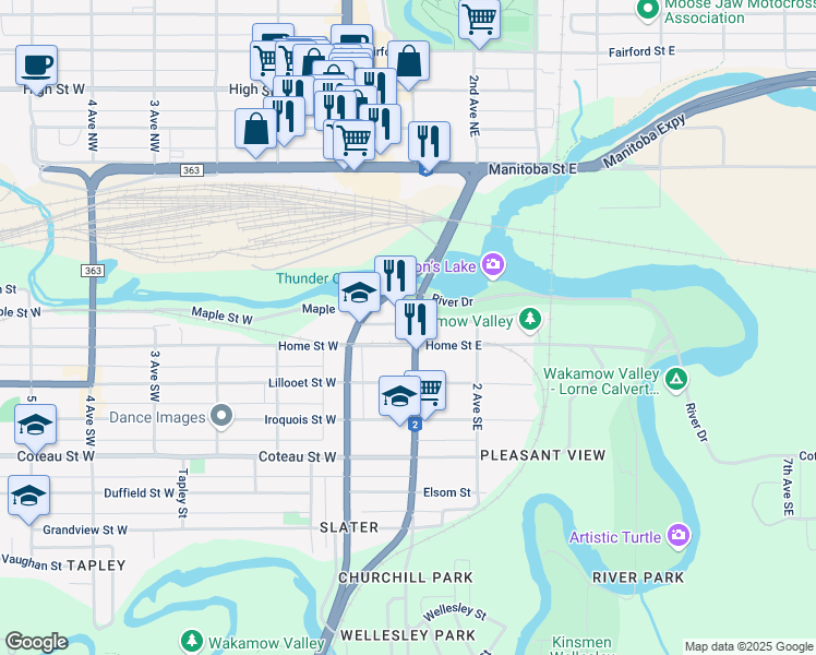 map of restaurants, bars, coffee shops, grocery stores, and more near 81 Maple Street East in Moose Jaw