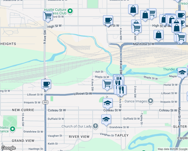 map of restaurants, bars, coffee shops, grocery stores, and more near 580 Maple Street West in Moose Jaw