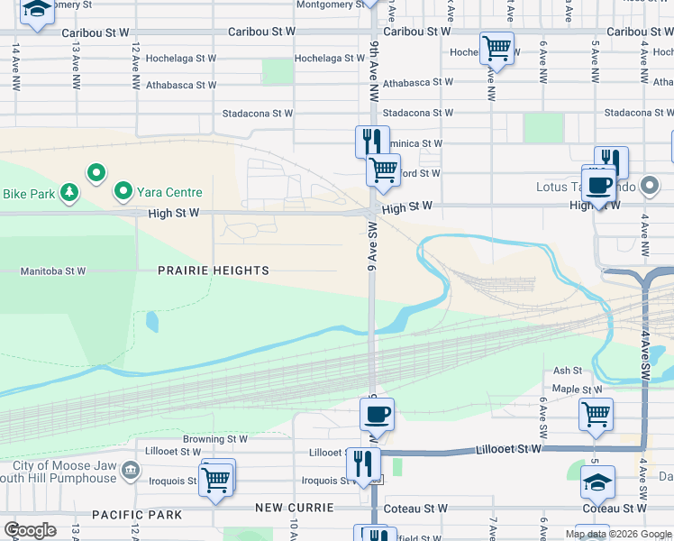 map of restaurants, bars, coffee shops, grocery stores, and more near Manitoba Street West in Moose Jaw