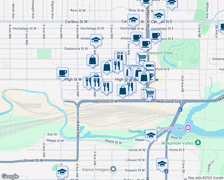 map of restaurants, bars, coffee shops, grocery stores, and more near 212 River Street West in Moose Jaw