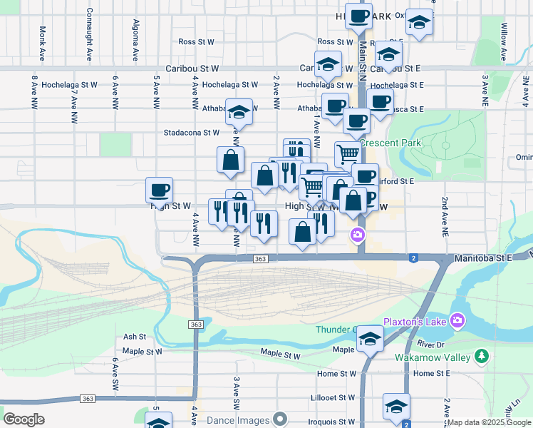 map of restaurants, bars, coffee shops, grocery stores, and more near 219 High Street West in Moose Jaw