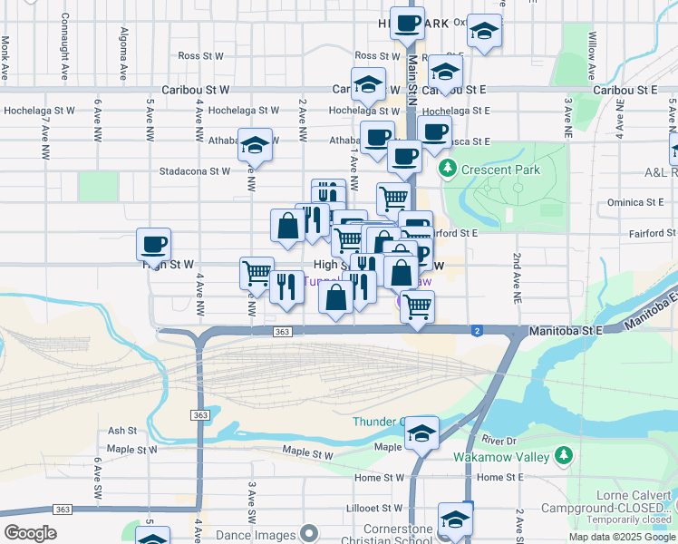 map of restaurants, bars, coffee shops, grocery stores, and more near 121 High Street West in Moose Jaw
