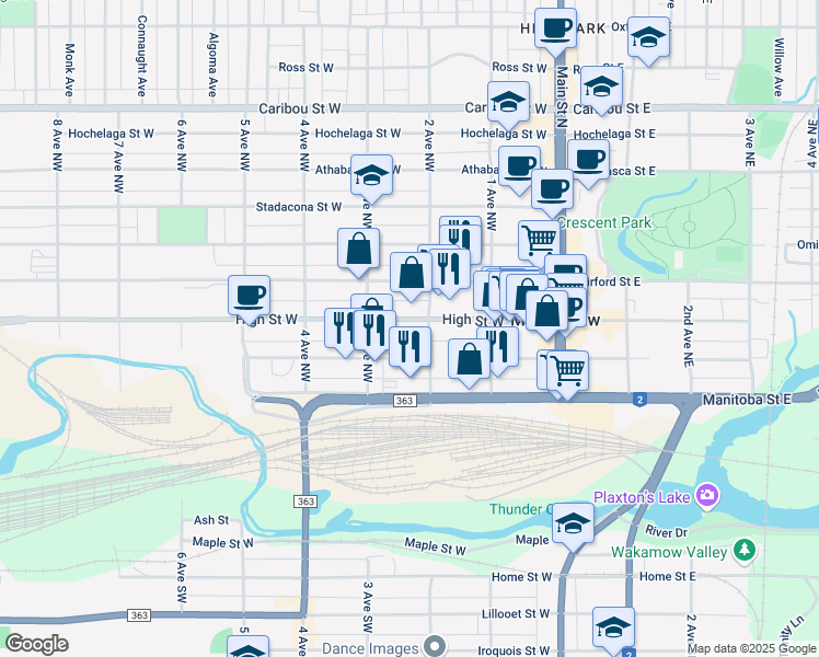 map of restaurants, bars, coffee shops, grocery stores, and more near 223 High Street West in Moose Jaw