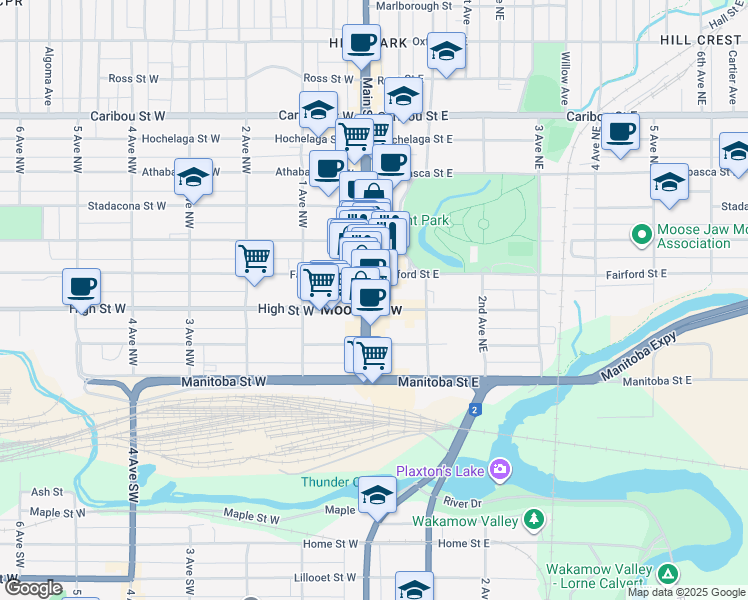 map of restaurants, bars, coffee shops, grocery stores, and more near 12 High Street East in Moose Jaw
