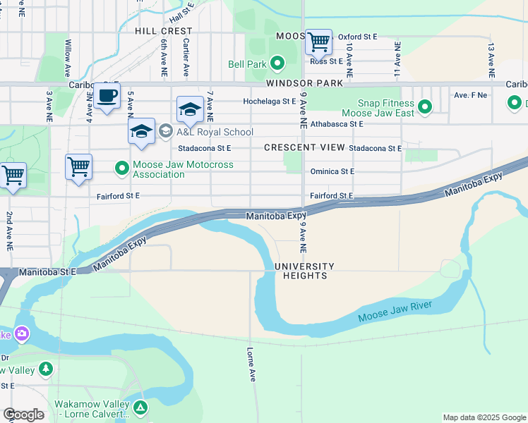 map of restaurants, bars, coffee shops, grocery stores, and more near 654 Manitoba Expressway in Moose Jaw