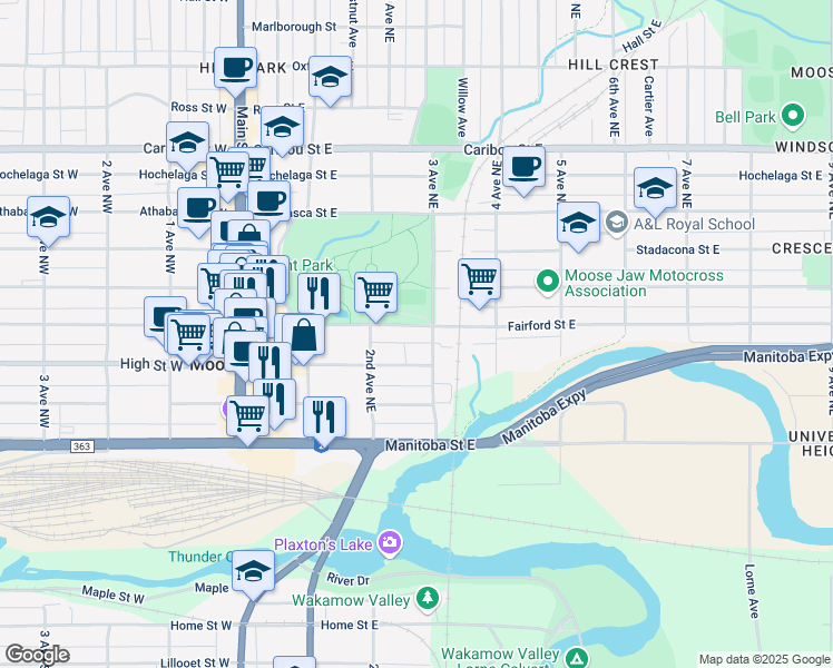 map of restaurants, bars, coffee shops, grocery stores, and more near 275 Fairford Street East in Moose Jaw