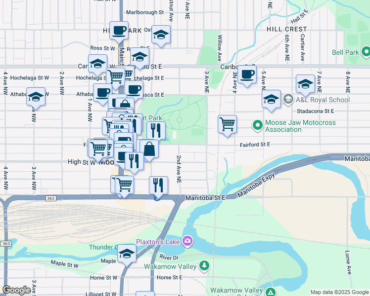 map of restaurants, bars, coffee shops, grocery stores, and more near 205 Fairford Street East in Moose Jaw