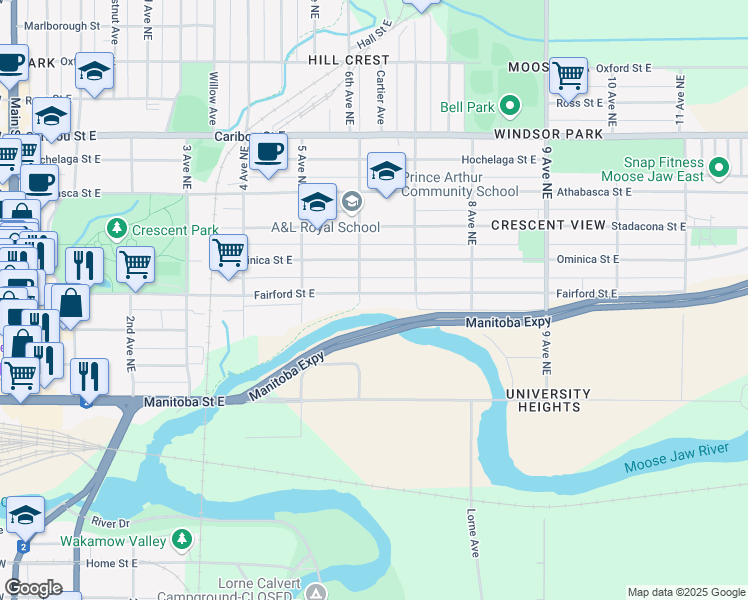 map of restaurants, bars, coffee shops, grocery stores, and more near 631 Fairford Street East in Moose Jaw