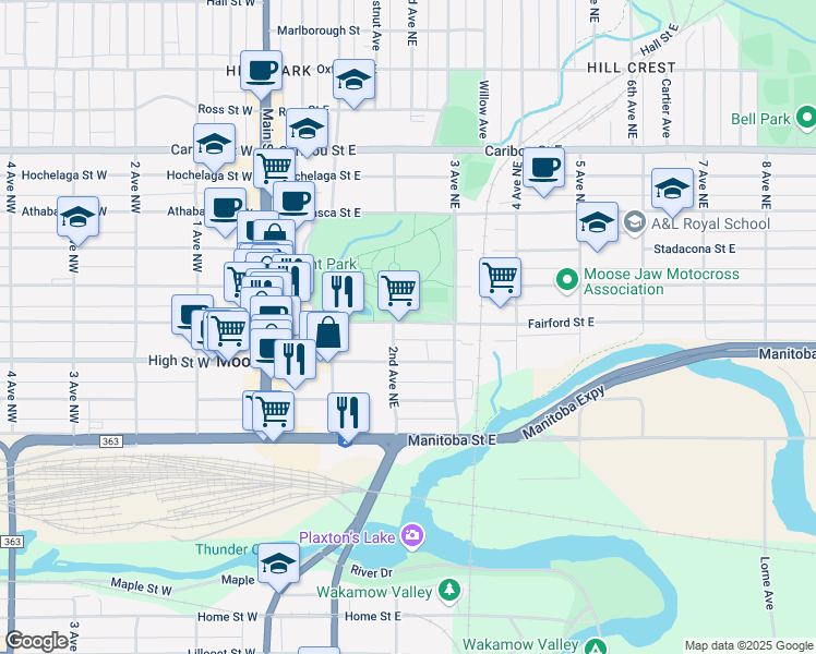 map of restaurants, bars, coffee shops, grocery stores, and more near 205 Fairford Street East in Moose Jaw