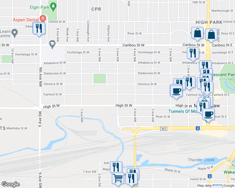 map of restaurants, bars, coffee shops, grocery stores, and more near Fairford Street West in Moose Jaw