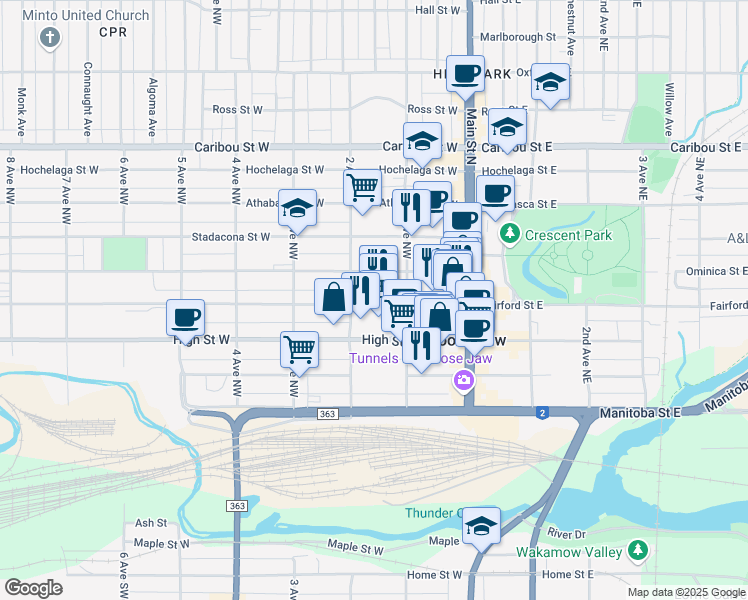 map of restaurants, bars, coffee shops, grocery stores, and more near 150 Fairford Street West in Moose Jaw