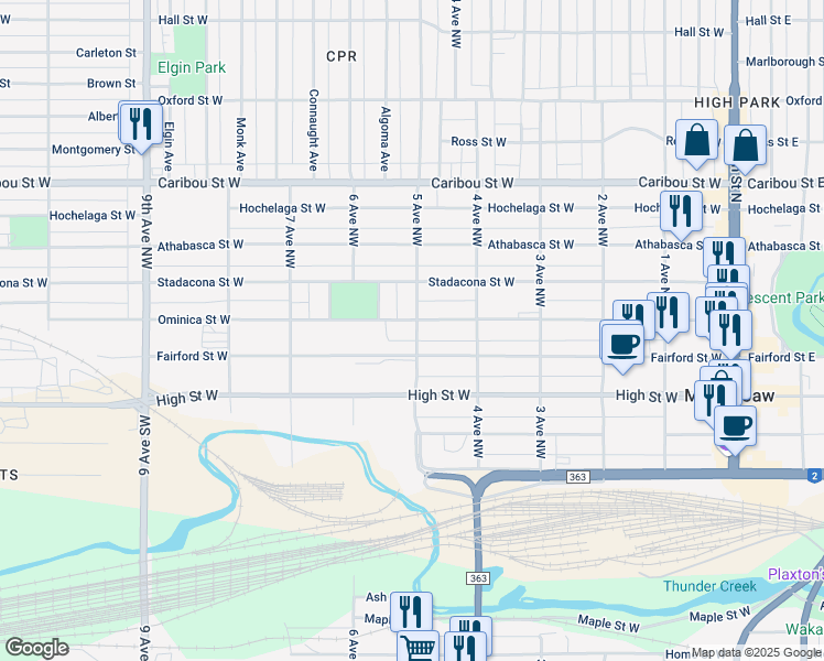 map of restaurants, bars, coffee shops, grocery stores, and more near 366 5 Avenue Northwest in Moose Jaw