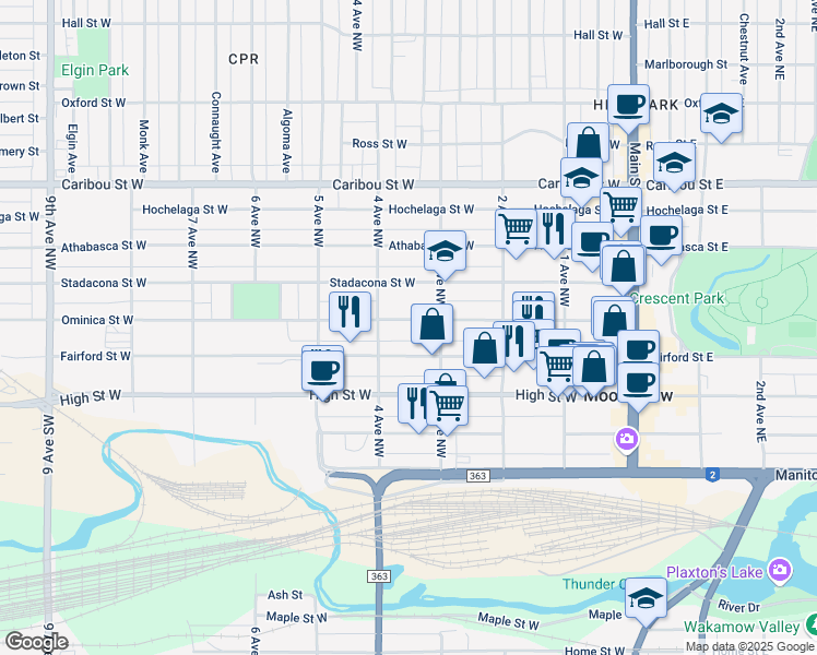 map of restaurants, bars, coffee shops, grocery stores, and more near 341 Ominica Street West in Moose Jaw