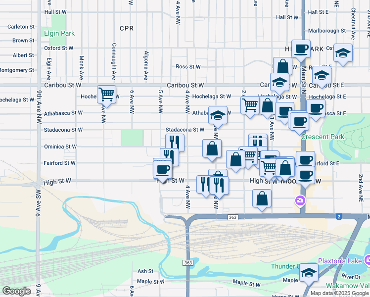 map of restaurants, bars, coffee shops, grocery stores, and more near in Moose Jaw