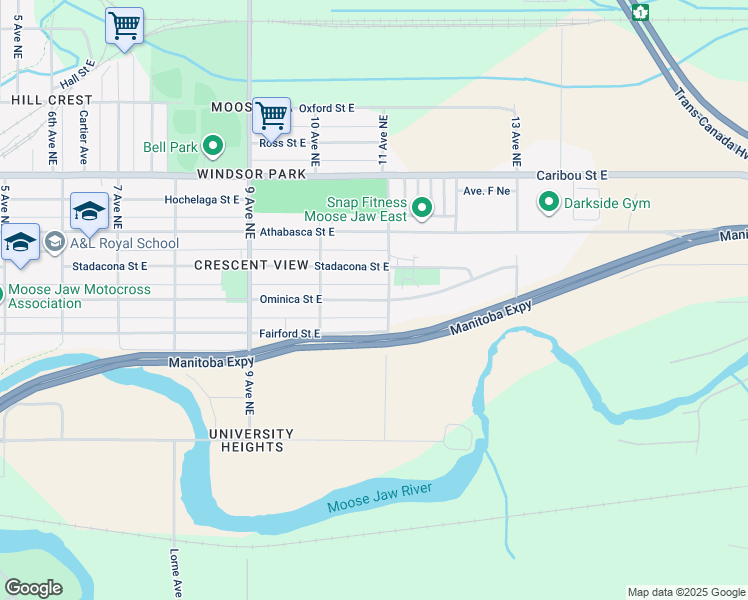 map of restaurants, bars, coffee shops, grocery stores, and more near 1042 Ominica Street East in Moose Jaw