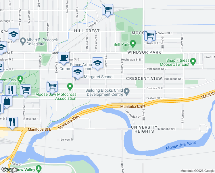 map of restaurants, bars, coffee shops, grocery stores, and more near 702 Ominica Street East in Moose Jaw