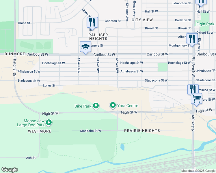 map of restaurants, bars, coffee shops, grocery stores, and more near 1215 Loney Street in Moose Jaw