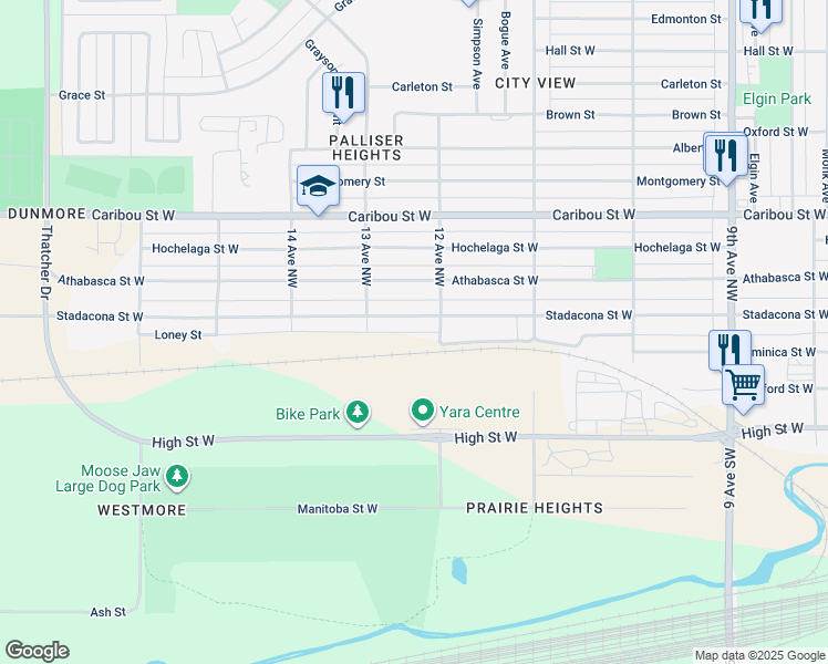 map of restaurants, bars, coffee shops, grocery stores, and more near 1215 Loney Street in Moose Jaw